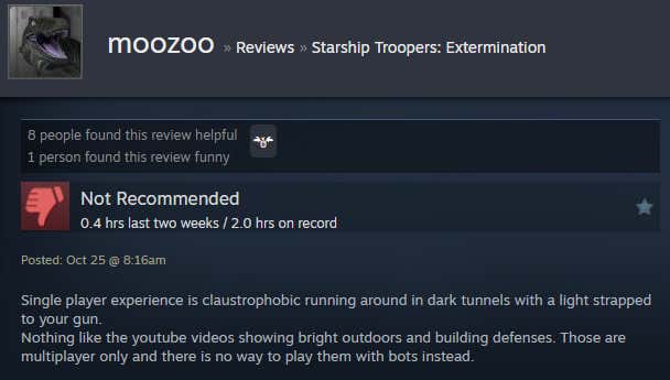 Image of an article titled Starship Troopers: Extinction from a Steam review